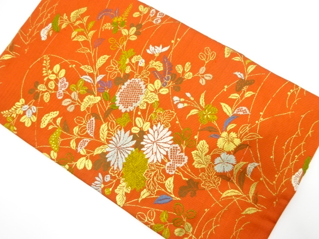 JAPANESE KIMONO / ANTIQUE NAGOYA OBI / SILK / WOVEN AUTUMN FLOWERS